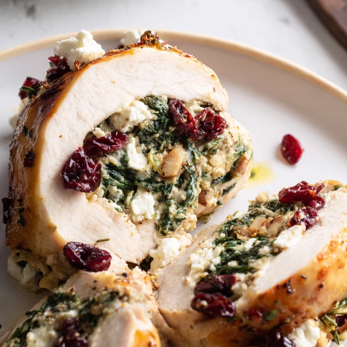 Sliced Cranberry Spinach Stuffed Chicken Breasts revealing creamy filling, spinach, sweet cranberries