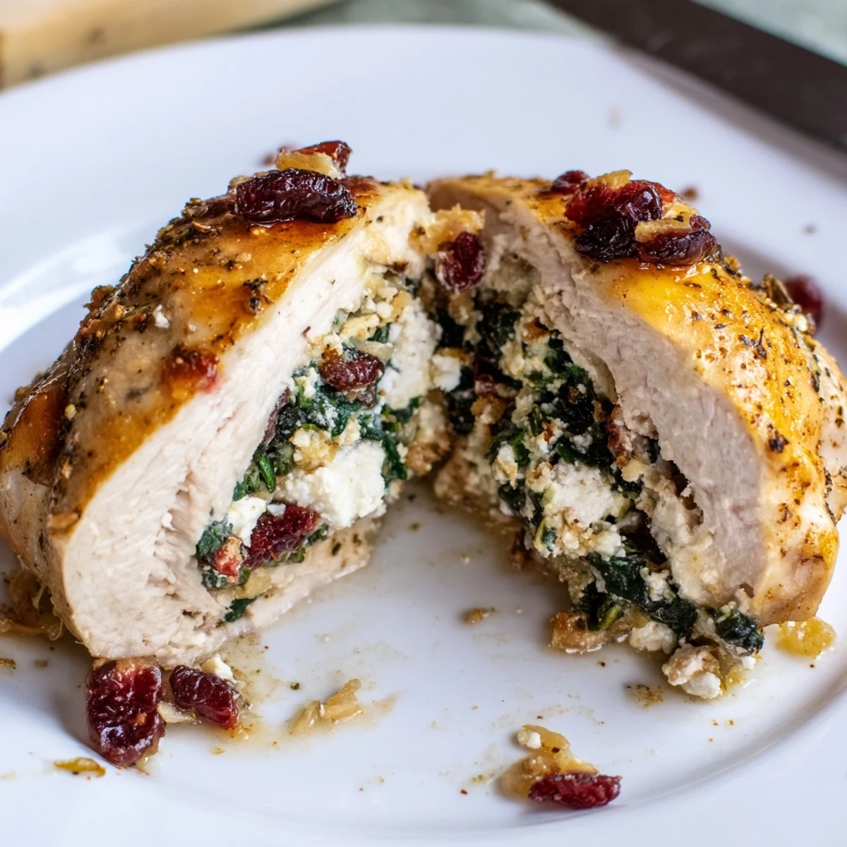 Warm Cranberry Spinach Stuffed Chicken Breasts on plate alongside roasted vegetables