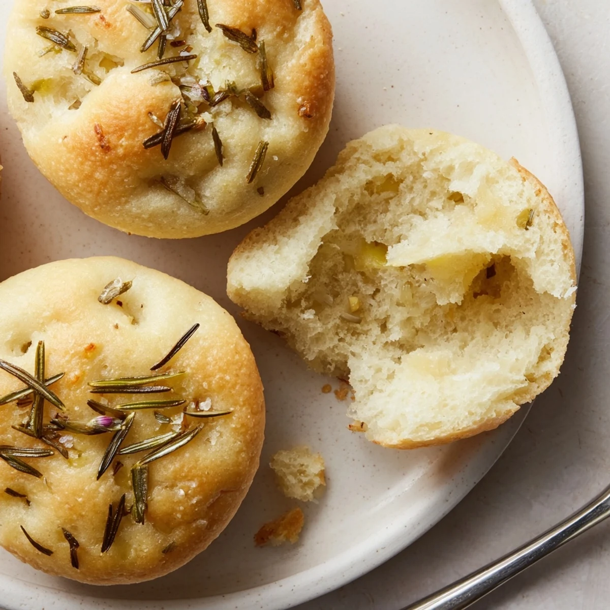 Just-baked Garlic Rosemary Focaccia Muffins with golden crust, brushed olive oil