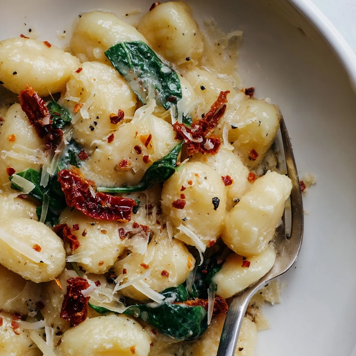 Weeknight Marry Me Gnocchi served steaming with wilted spinach and extra Parmesan