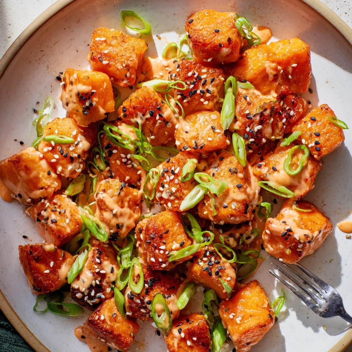 Crispy Bang Bang Salmon Bites Recipe plated with sesame, scallions, zesty sauce