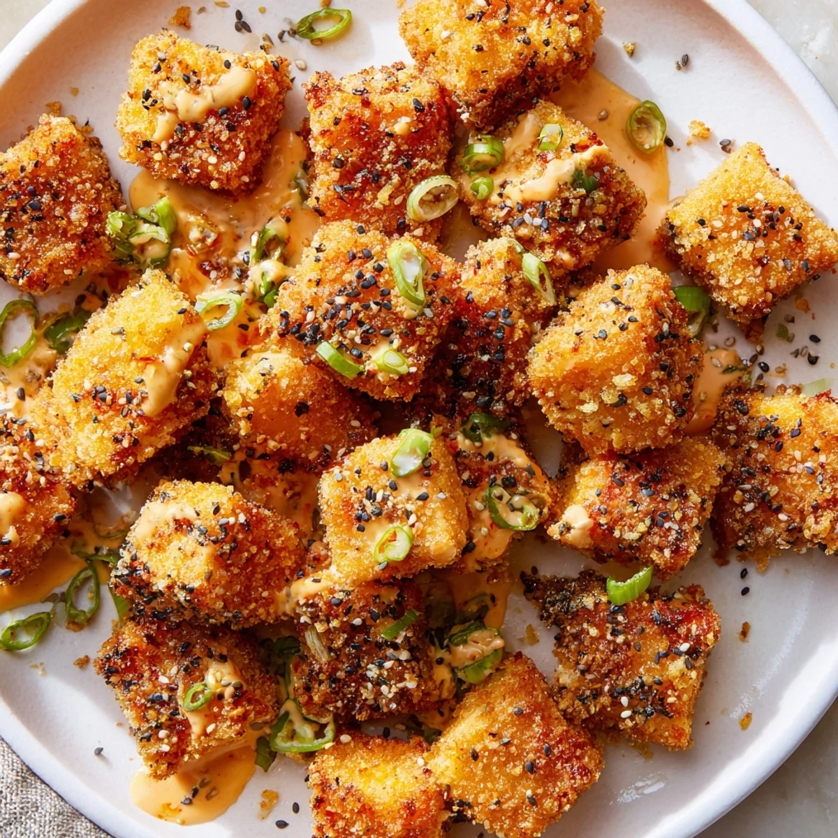 Skillet seared Bang Bang Salmon Bites Recipe coated in creamy spicy glaze, served
