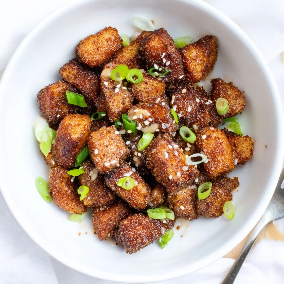 Tender Bang Bang Salmon Bites Recipe served over rice with crisp salad