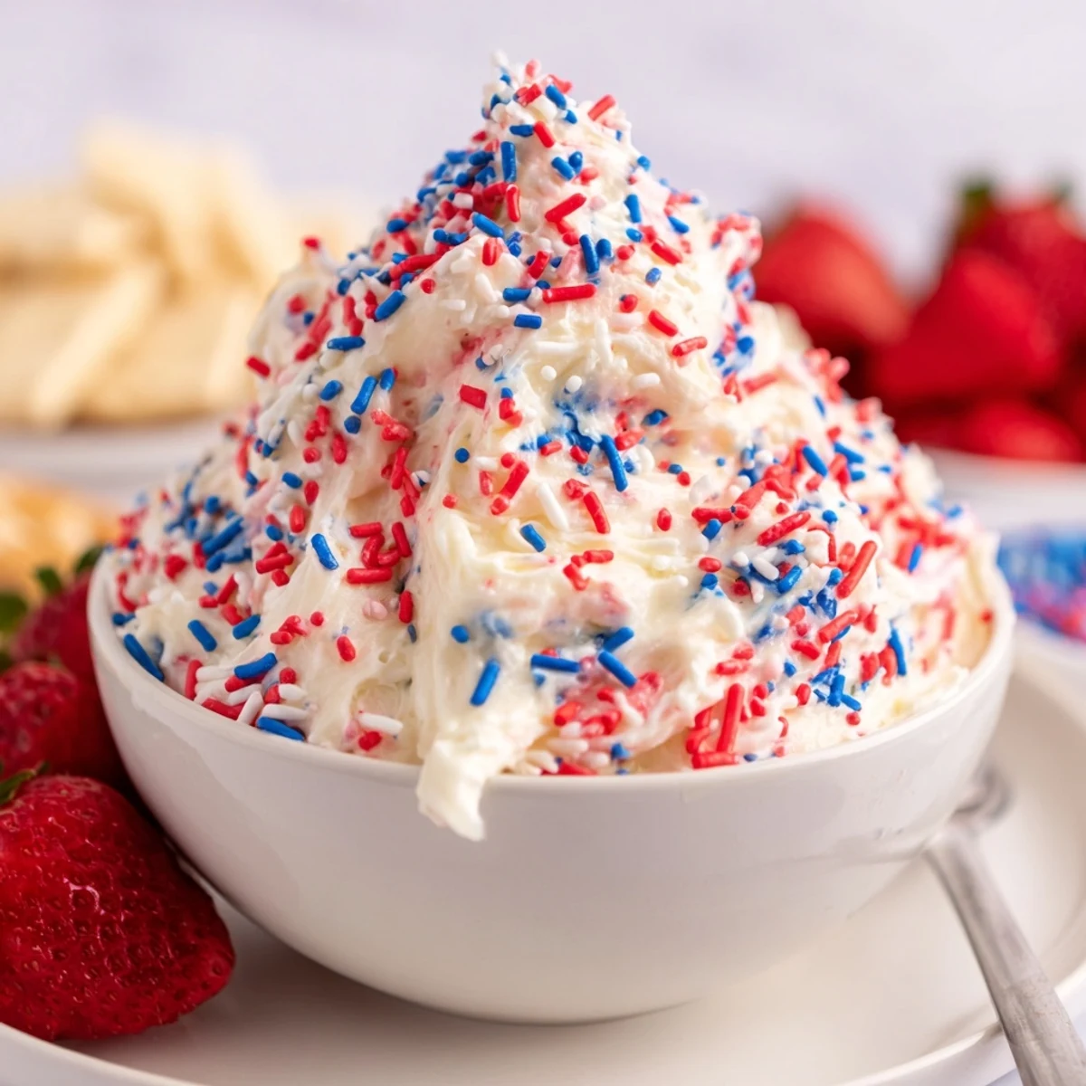 Patriotic Red White And Blue Funfetti Dip served with vanilla wafers and strawberries