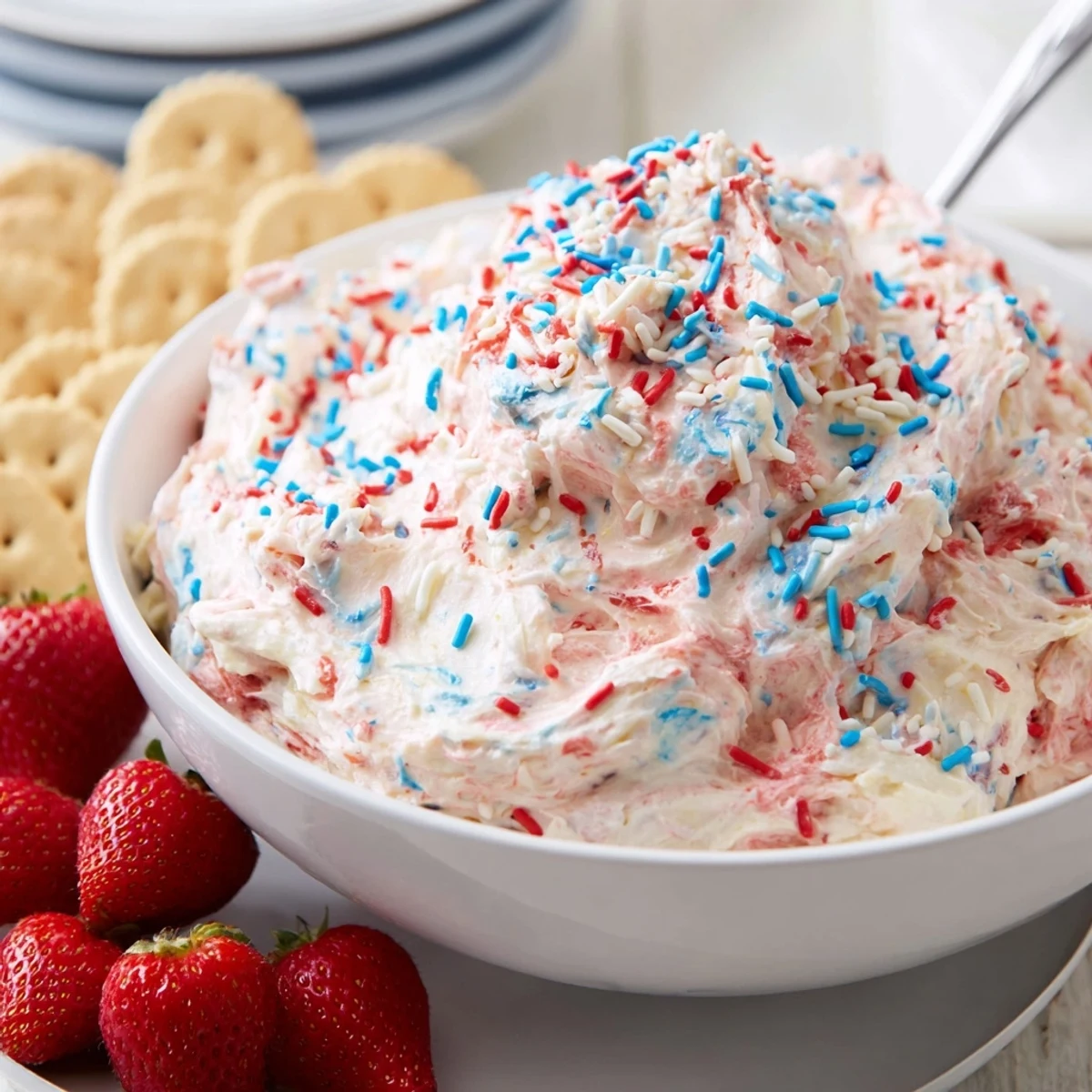 Creamy Red White And Blue Funfetti Dip garnished with red, white, blue sprinkles