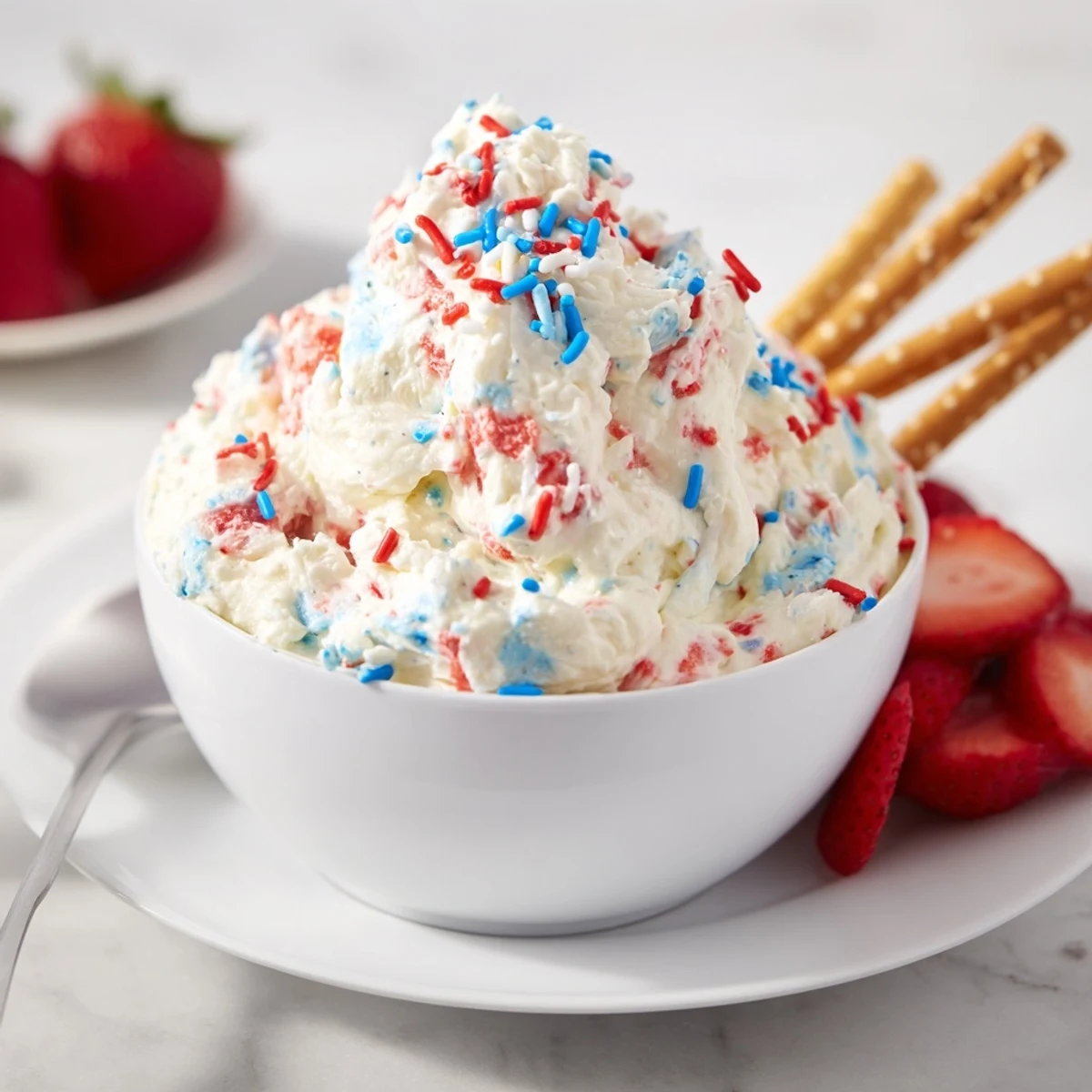 A chilled Red White And Blue Funfetti Dip perfect for Fourth of July picnics