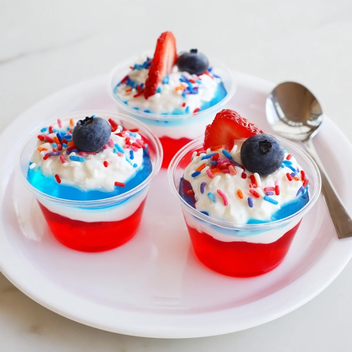 Chilled Red White And Blue Jello Cups with glossy layers, whipped topping garnish.
