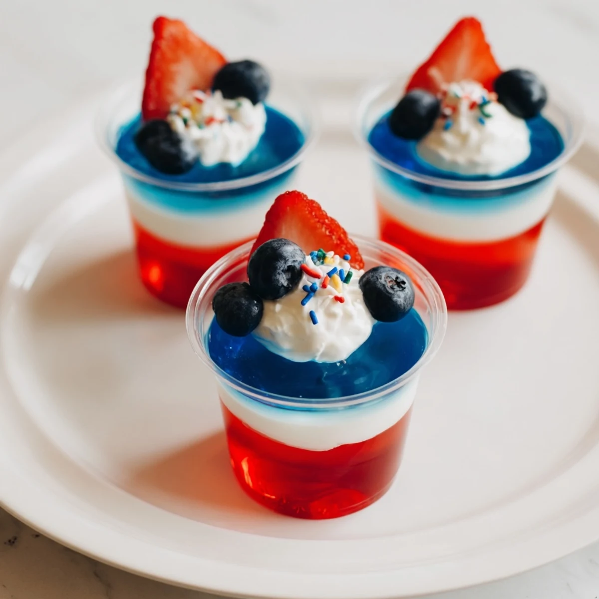 Layered Red White And Blue Jello Cups perfect for Fourth of July dessert.