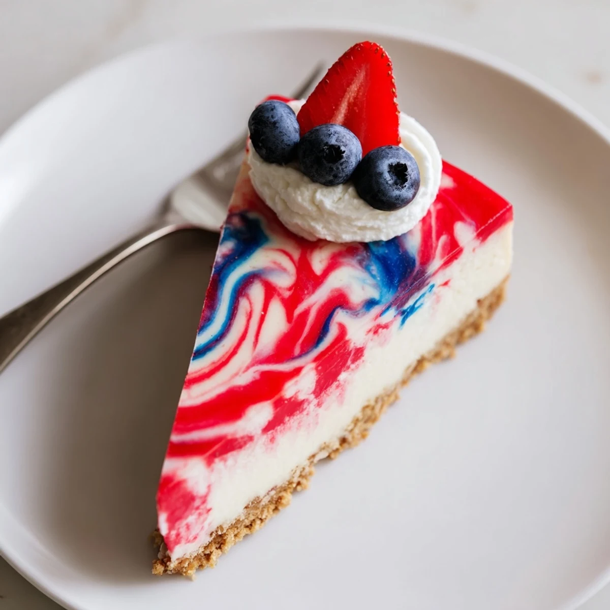 Patriotic Swirl Cheesecake with glossy red and blue marbling, chilled on parchment
