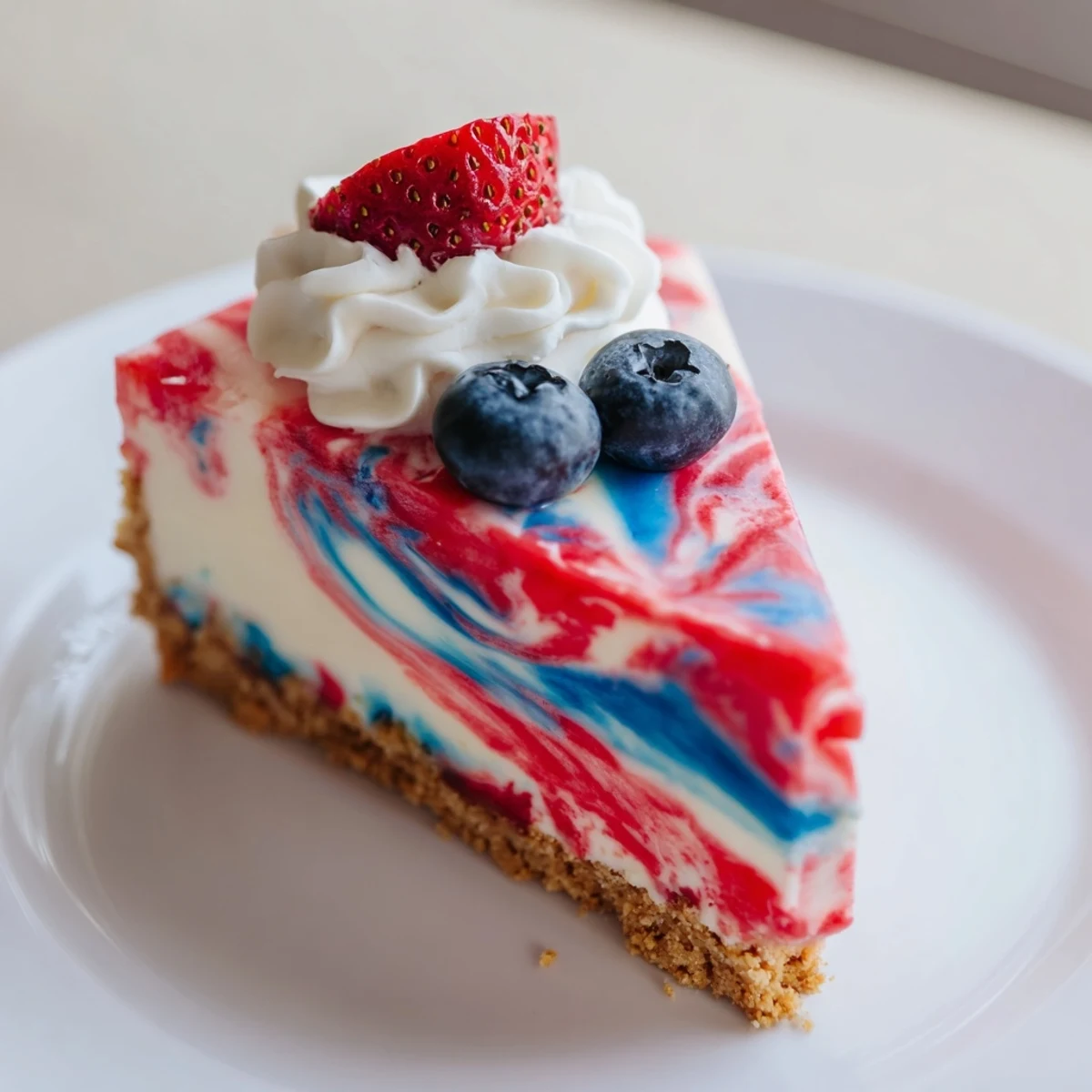 Freshly baked Patriotic Swirl Cheesecake cooling in springform pan, creamy and slightly jiggly
