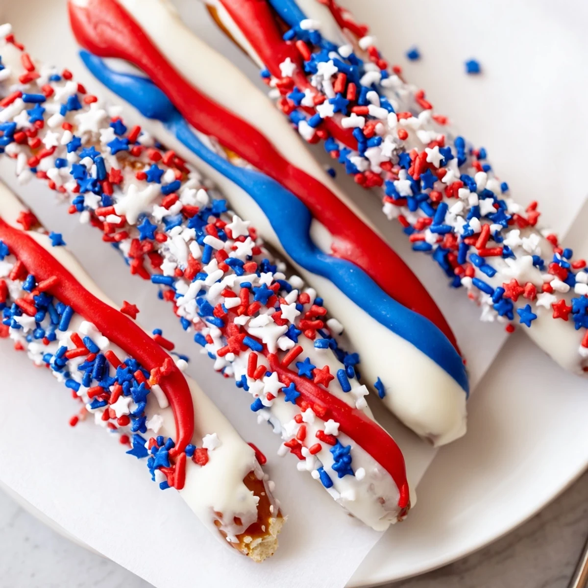 Patriotic Pretzel Rods glossy with white chocolate, red and blue drizzle.