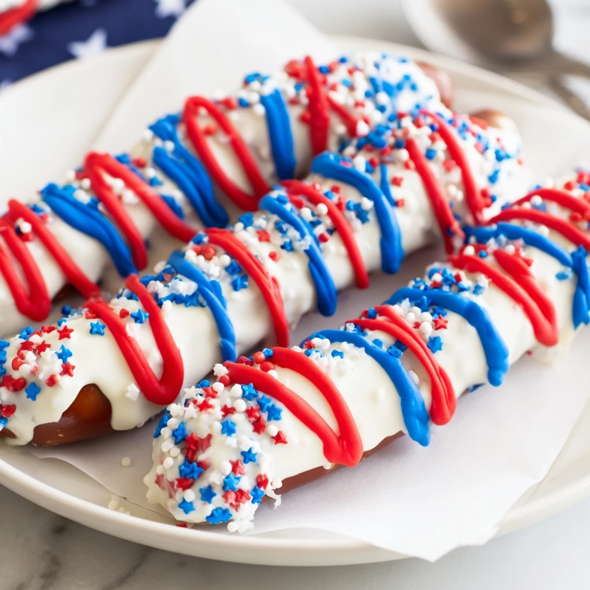 Sprinkled with red, white, and blue stars, Patriotic Pretzel Rods are festive.