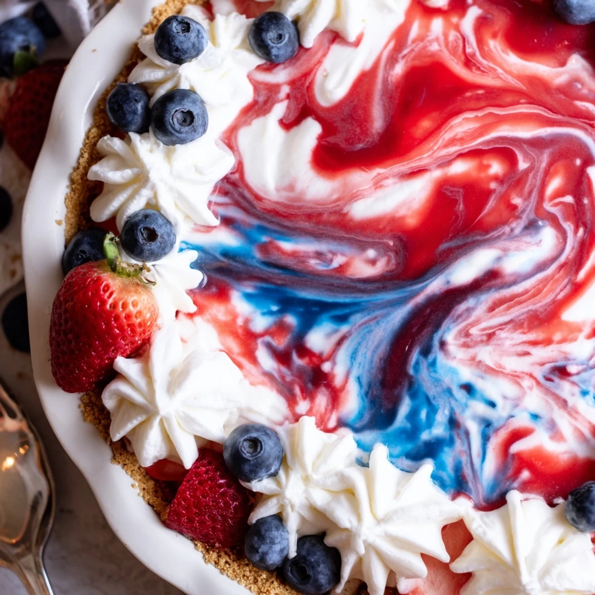 Patriotic Red White And Blue Swirl Pie chilled, creamy marbled filling with berries