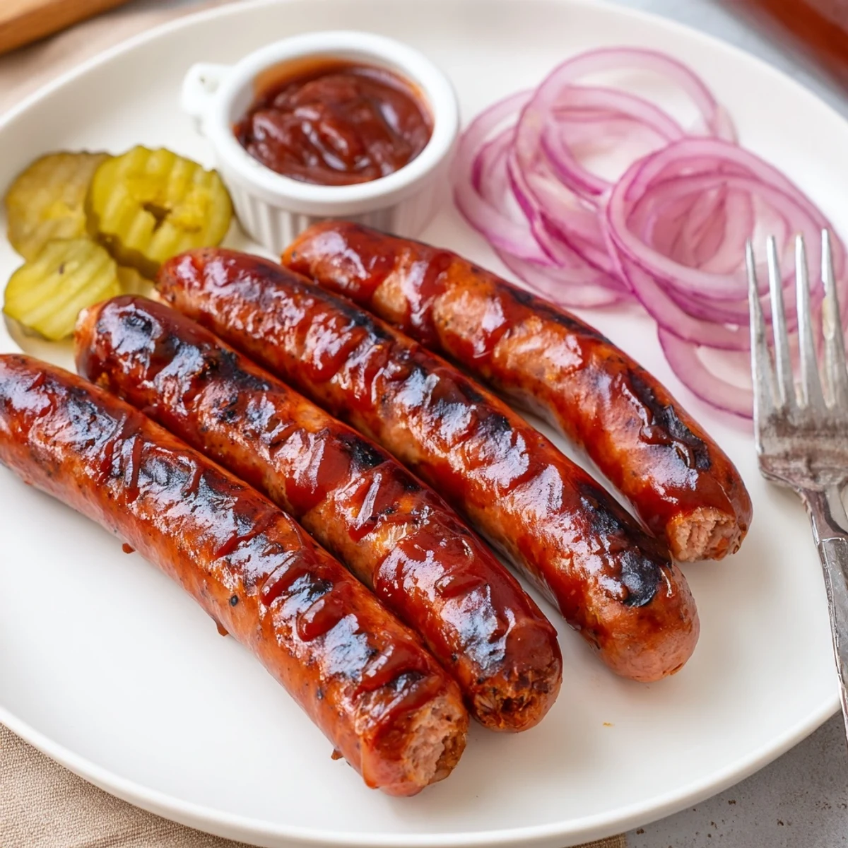 BBQ Sausage Recipe: glistening caramelized links on the grill, brushed tangy sauce