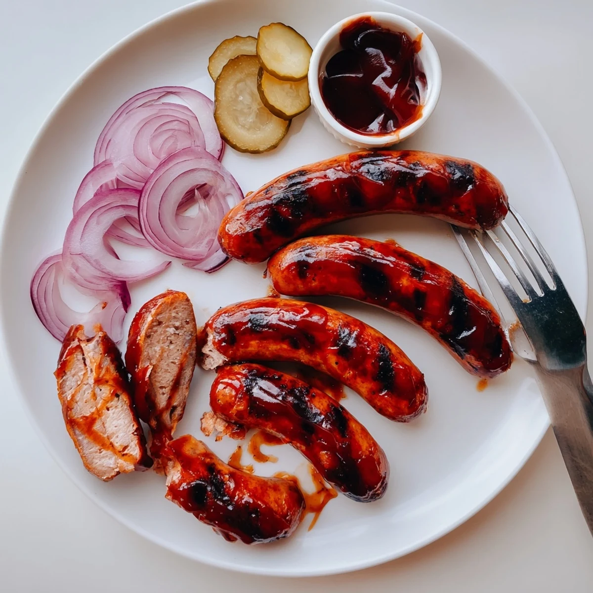Smoky BBQ Sausage Recipe served in warm buns with crisp pickles