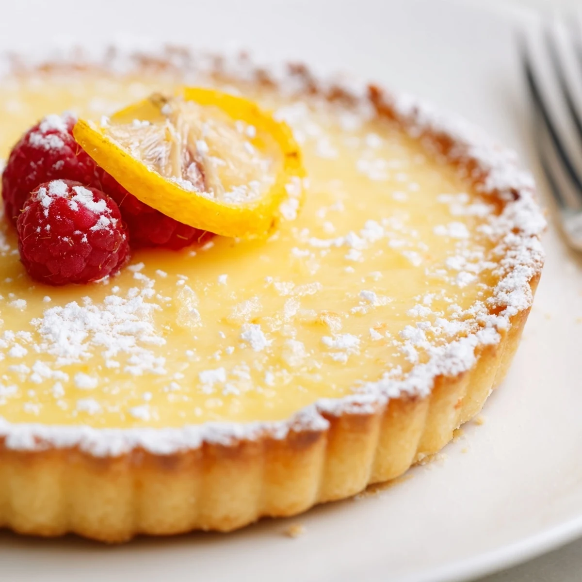 Creamy Lemon Tart Recipe on a golden crust, dusted with powdered sugar  