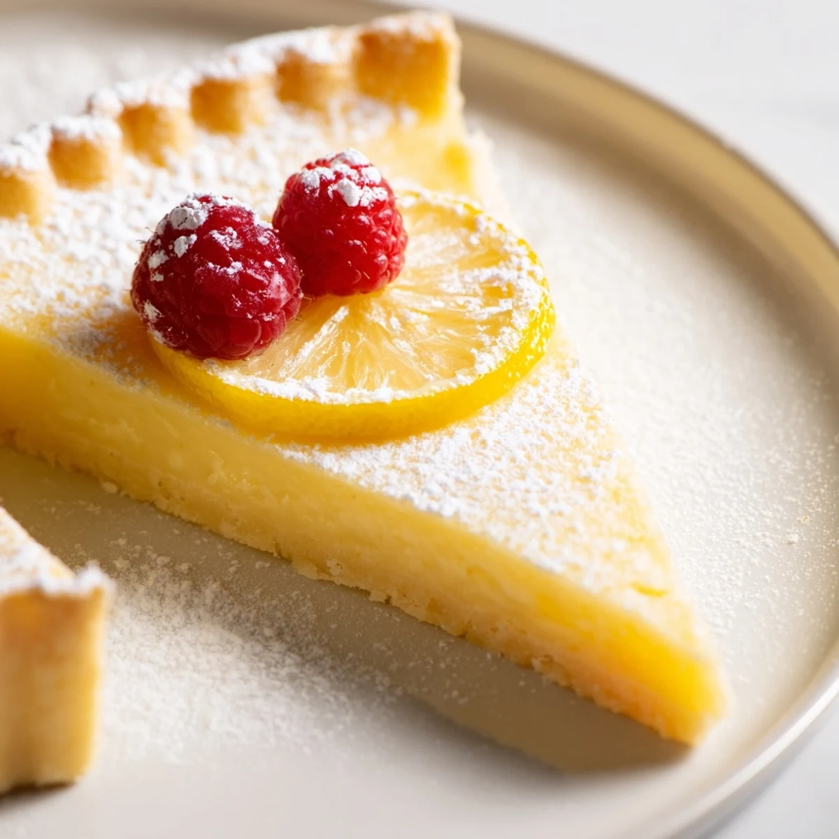 Sliced Creamy Lemon Tart chilled, silky custard filling and fresh berry garnish  