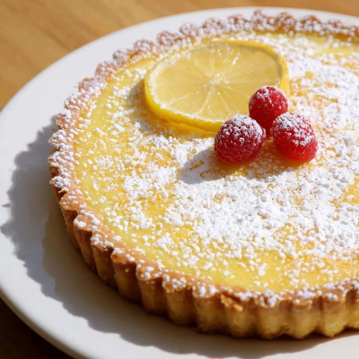 Homemade Creamy Lemon Tart glowing under natural light, served with sparkling wine