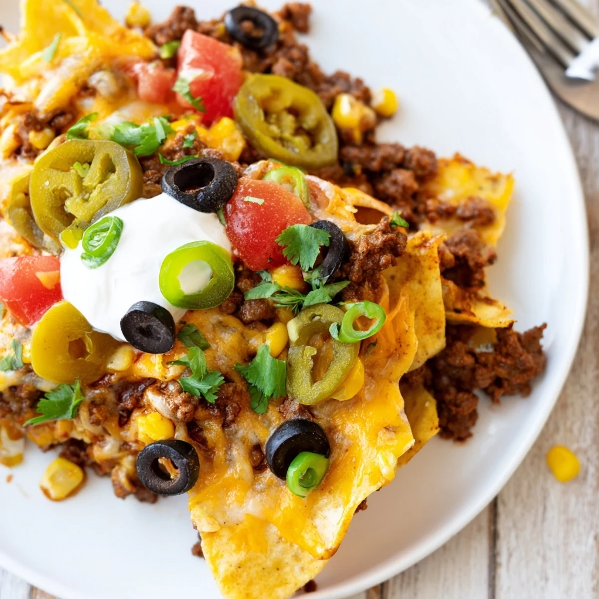 Cheesy Nacho Casserole bubbling golden, layered chips and seasoned beef, ready.