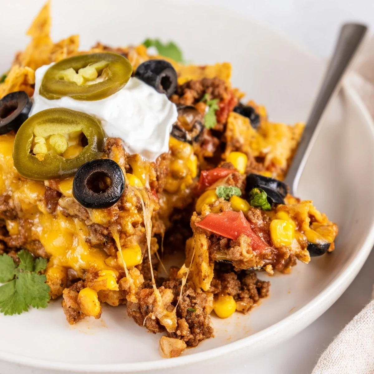 Warm Cheesy Nacho Casserole topped with sour cream, cilantro, and jalapeños.