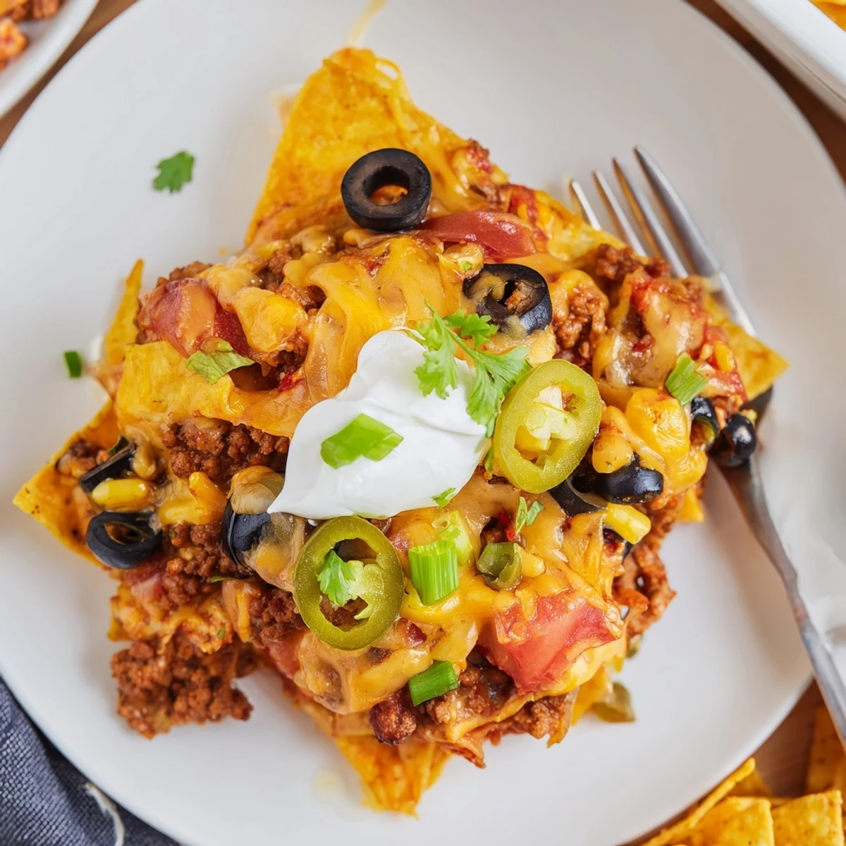 Family-style Cheesy Nacho Casserole with gooey cheese, crunchy chips, perfect for game night.