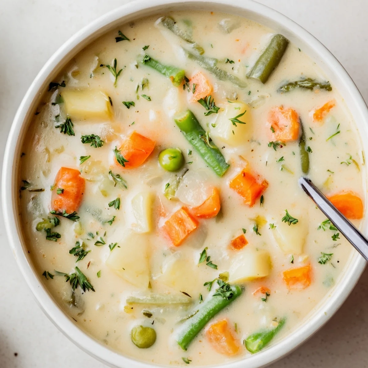 Hearty Creamy Vegetable Soup Recipe with tender vegetables, warm bread accompaniment  