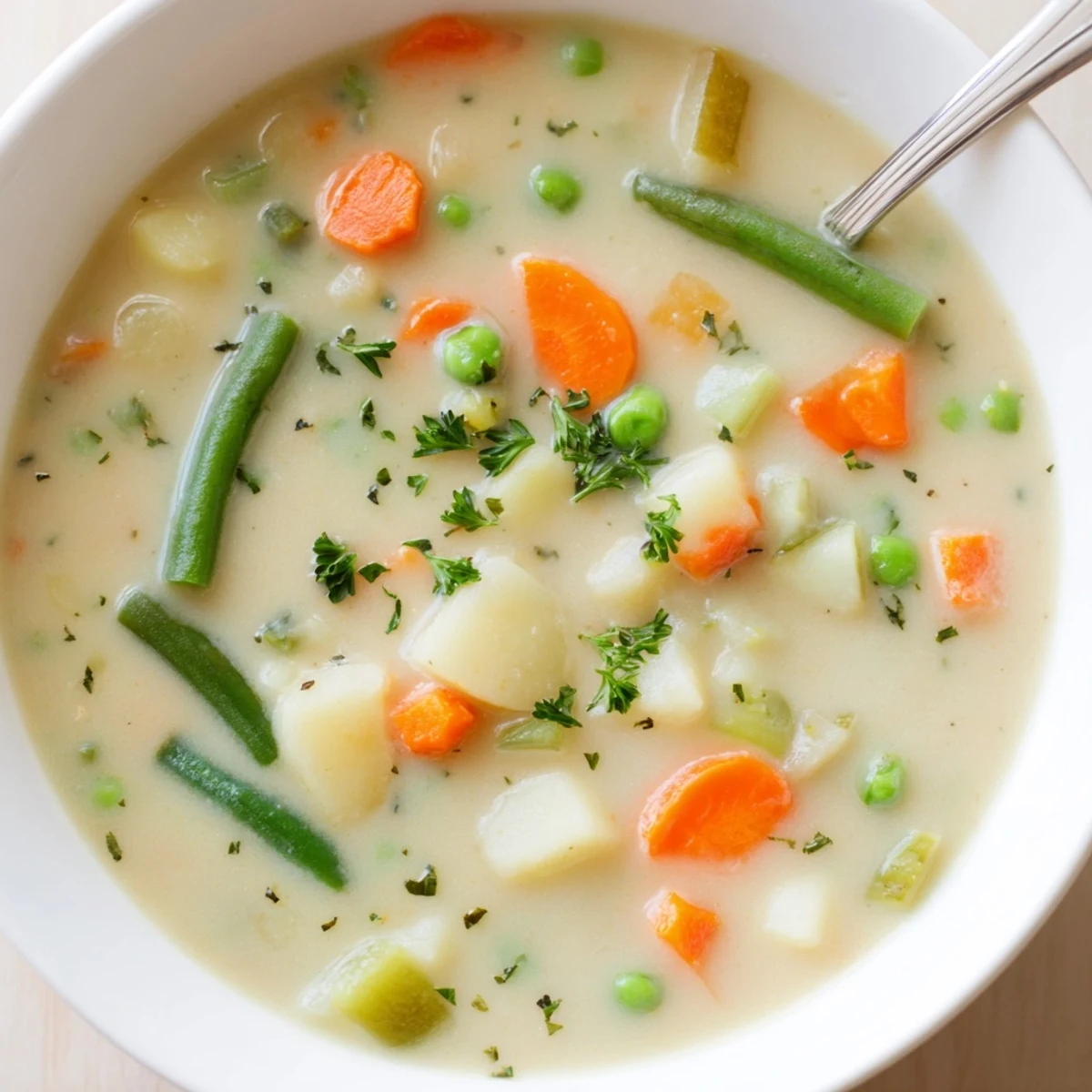 Creamy Vegetable Soup Recipe steaming in bowls, velvety texture, parsley garnish  