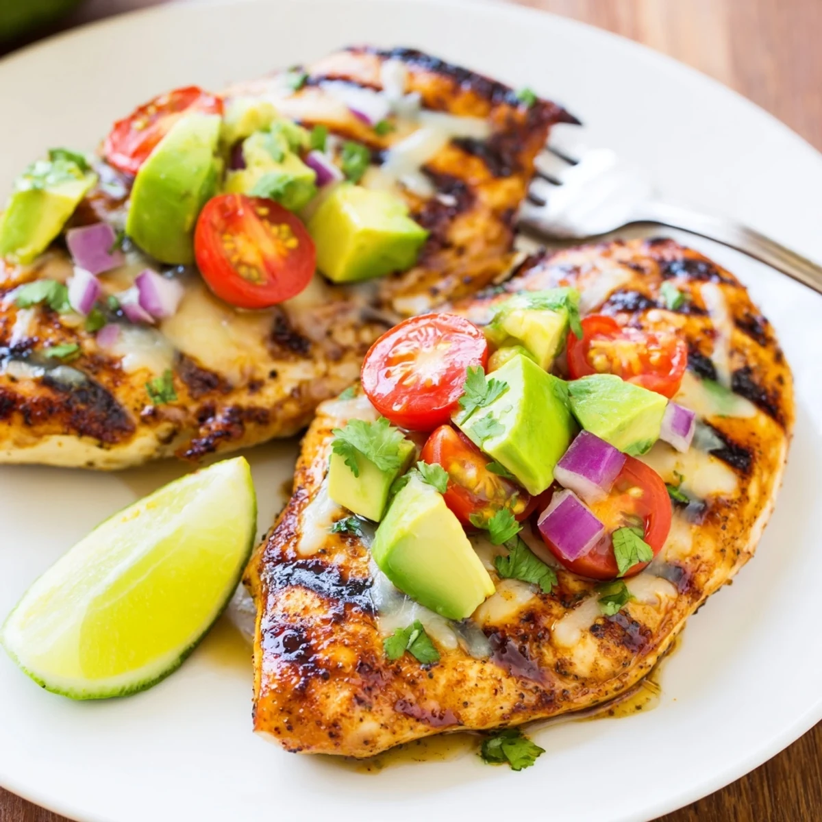 Grilled Fiesta Lime Chicken With Avocado resting under zesty tomato-cilantro salsa