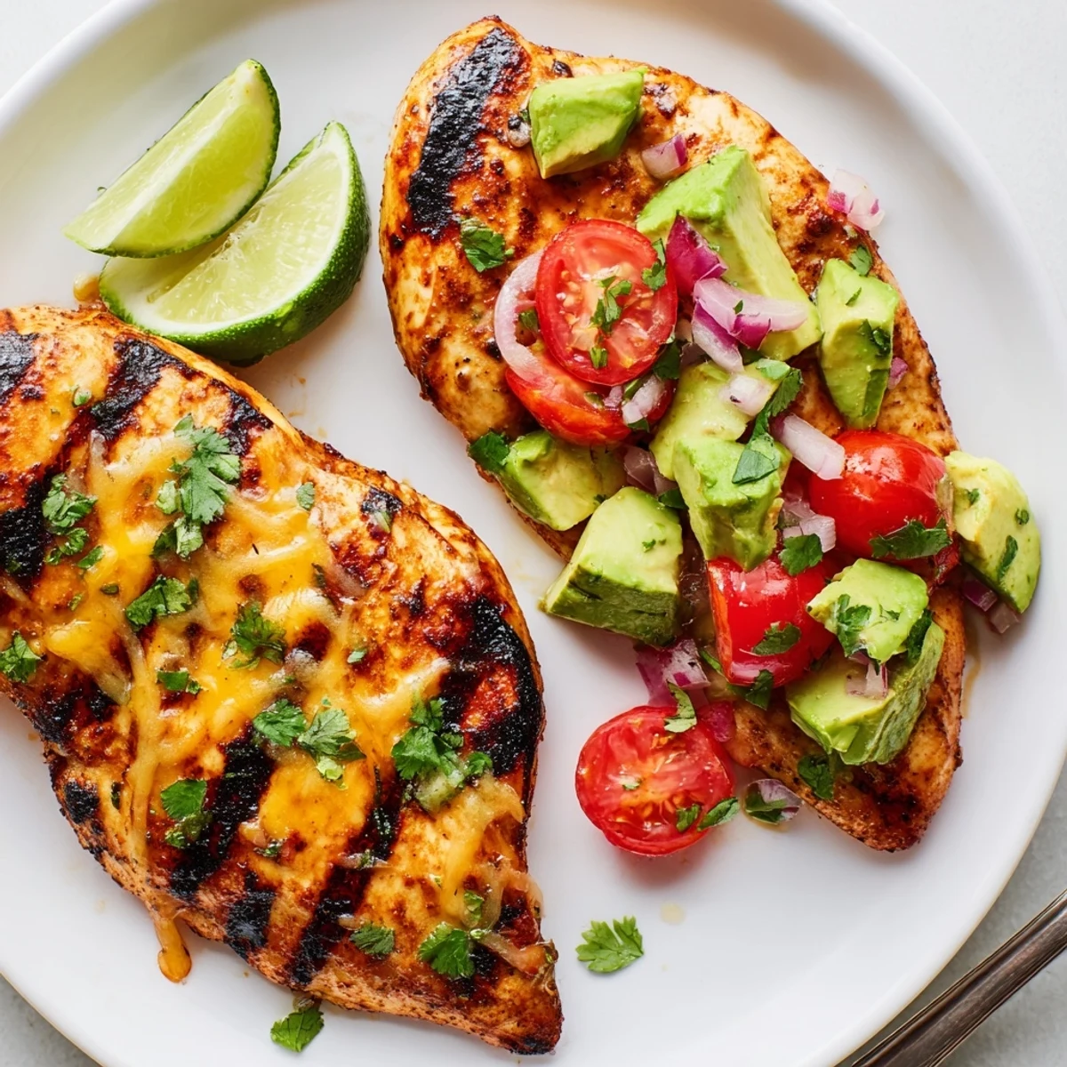Charred edges on Fiesta Lime Chicken With Avocado, lime wedges and cilantro garnish