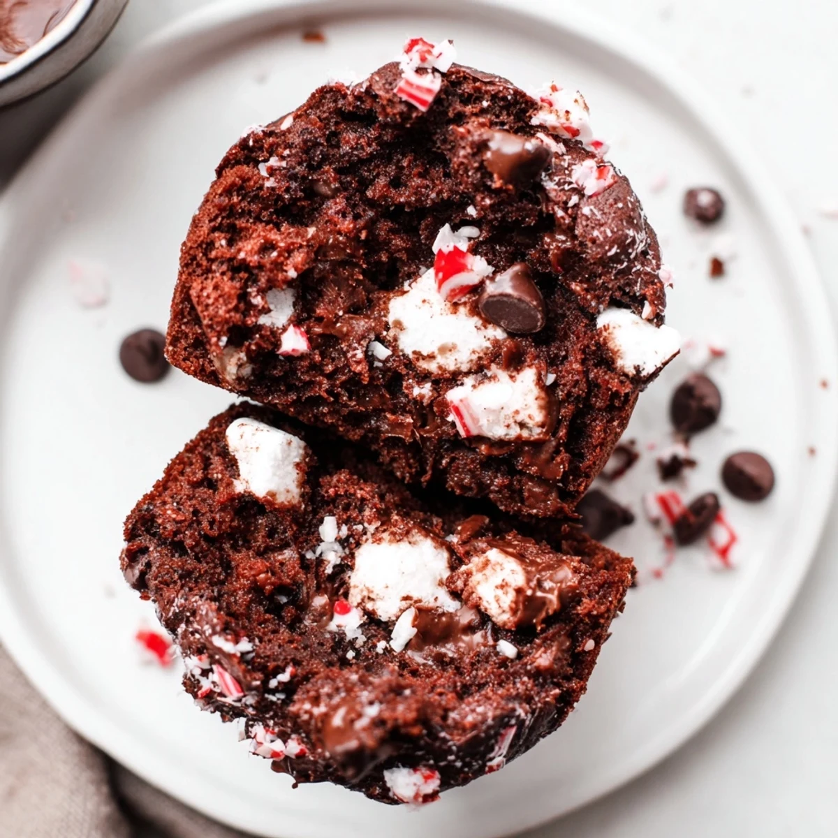 Peppermint Hot Chocolate Muffins with melty chips, crushed candy, cooling on rack.
