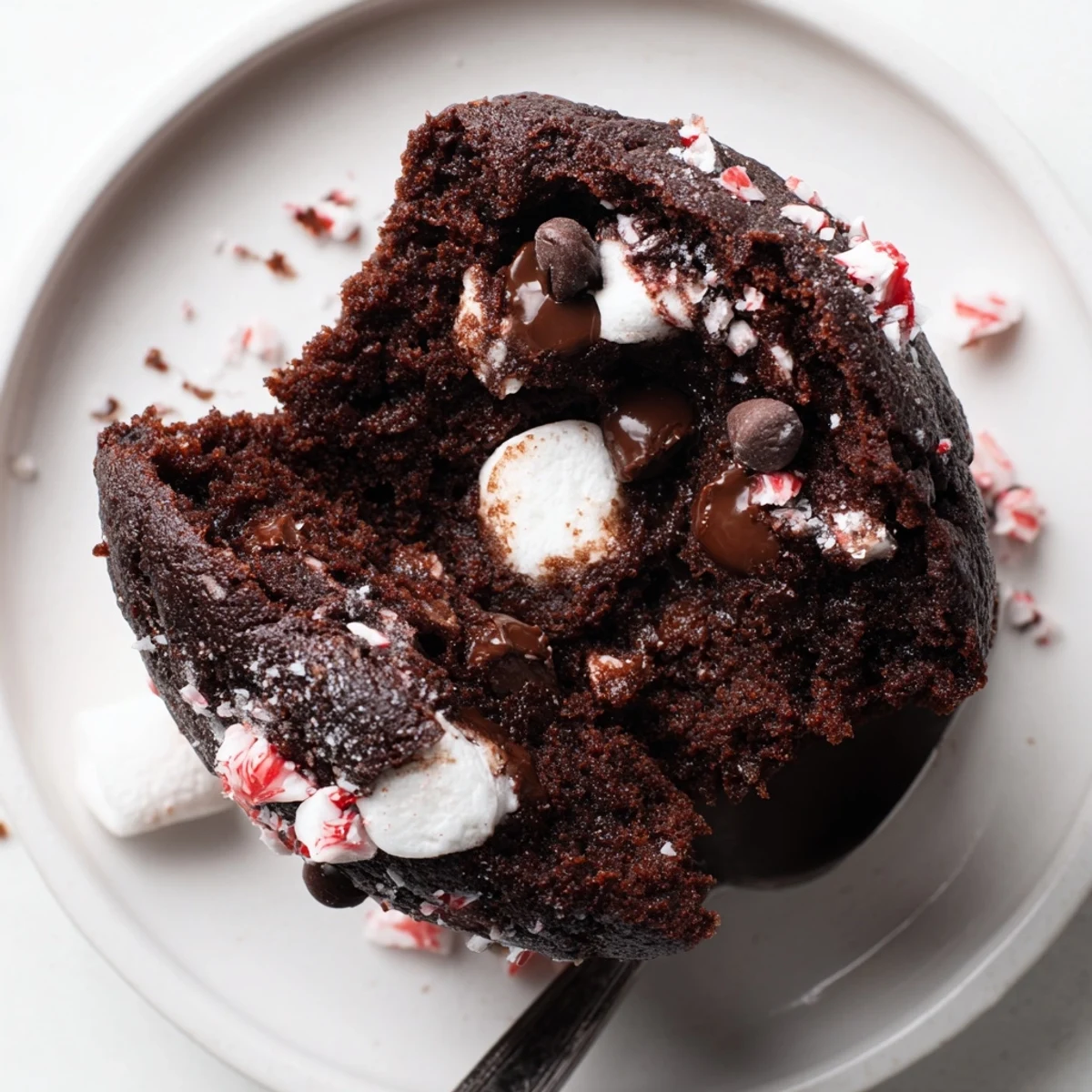 Warm Peppermint Hot Chocolate Muffins steaming beside a mug, marshmallow topping.