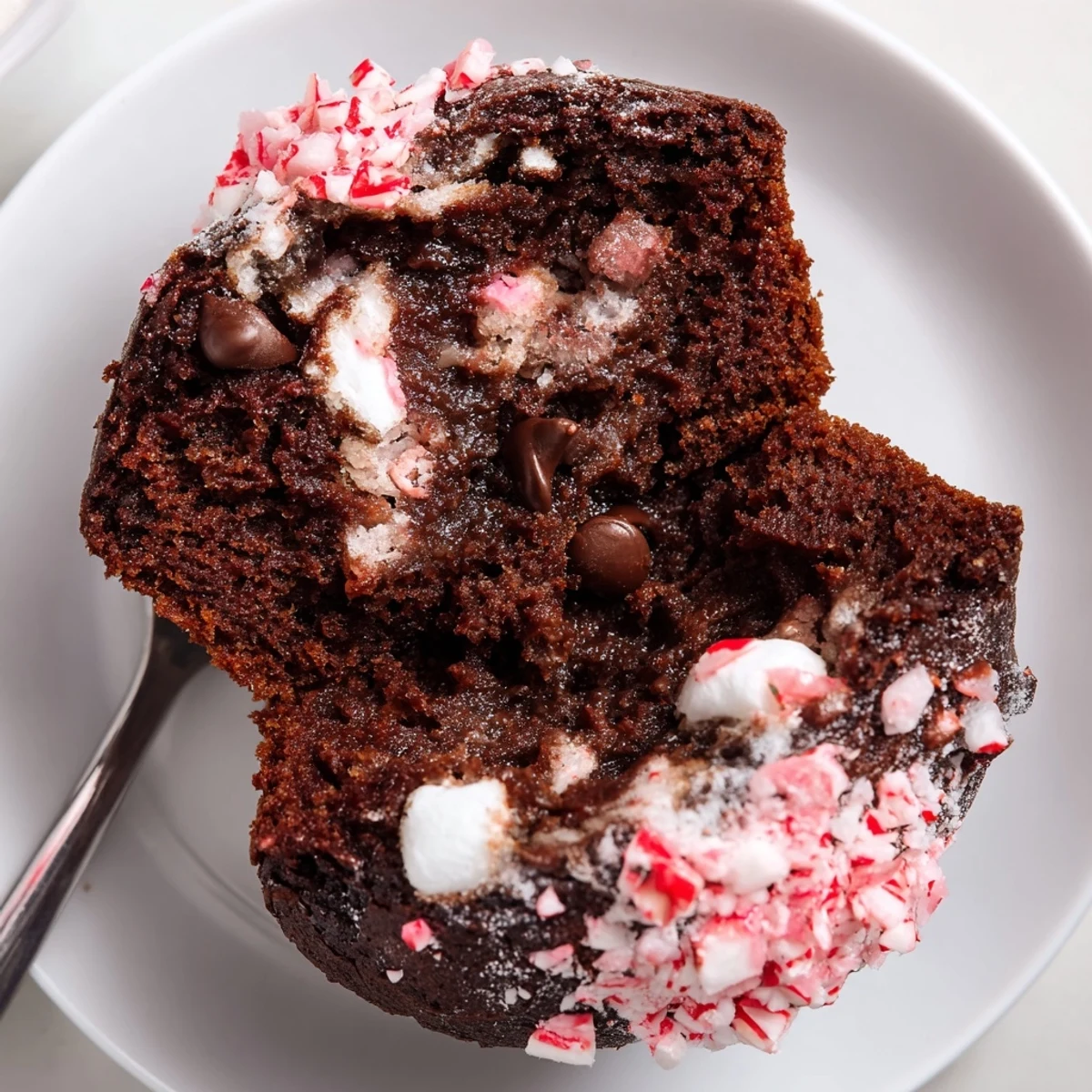 Tray of Peppermint Hot Chocolate Muffins, rich cocoa aroma, peppermint crunch.