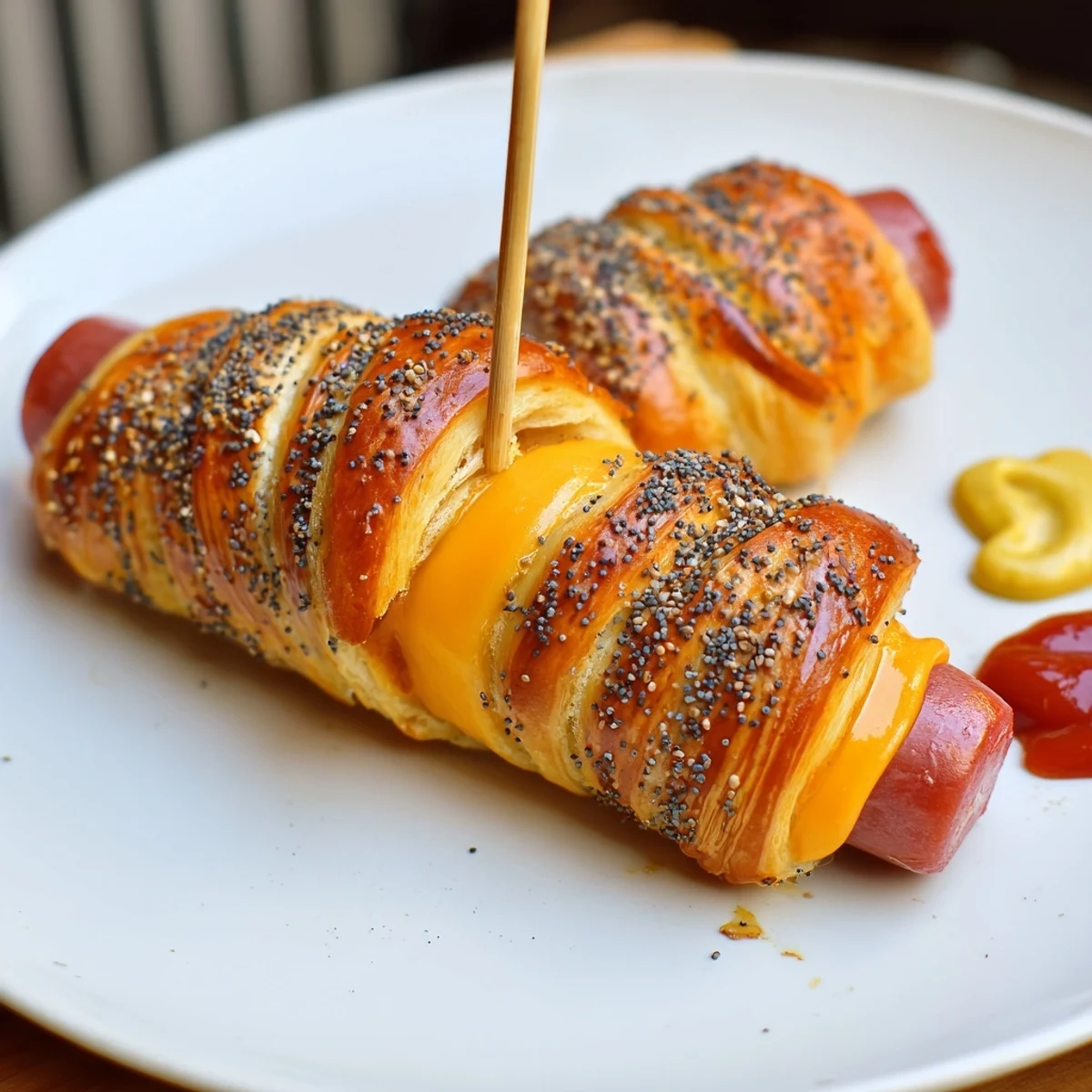 Golden baked Firecracker Hot Dogs Recipe, buttery spiral dough and sesame sparkle