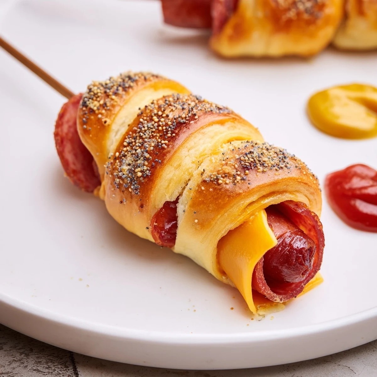Kid-friendly Firecracker Hot Dogs Recipe on skewers, golden crust, melty cheese