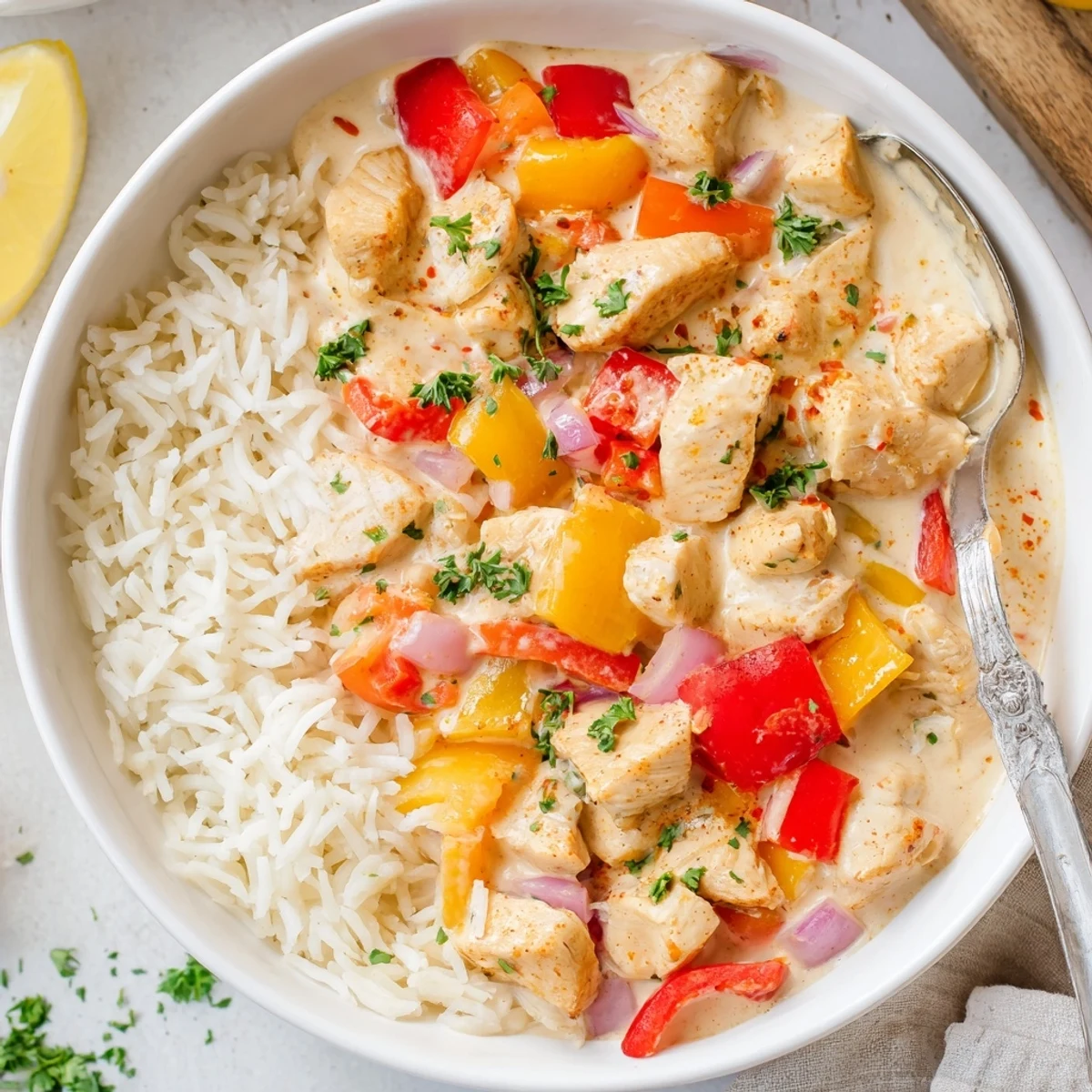 Creamy Cajun Chicken Rice Bowls with tender chicken, vibrant peppers, and steaming rice