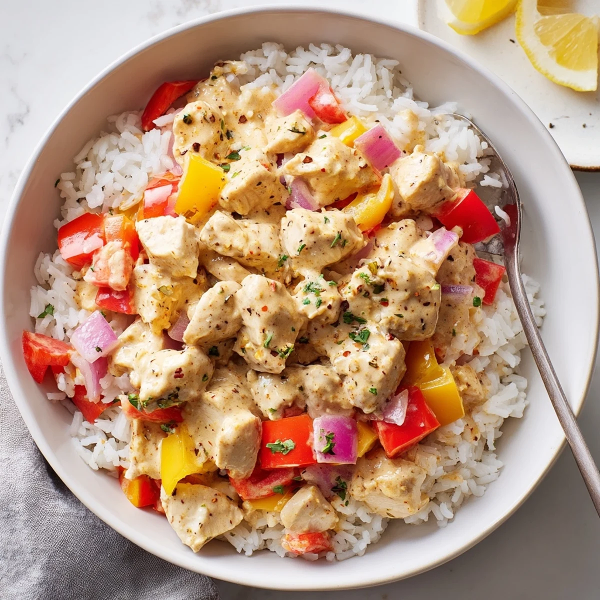 Spoon-ready Creamy Cajun Chicken Rice Bowls showcasing silky sauce over fluffy rice