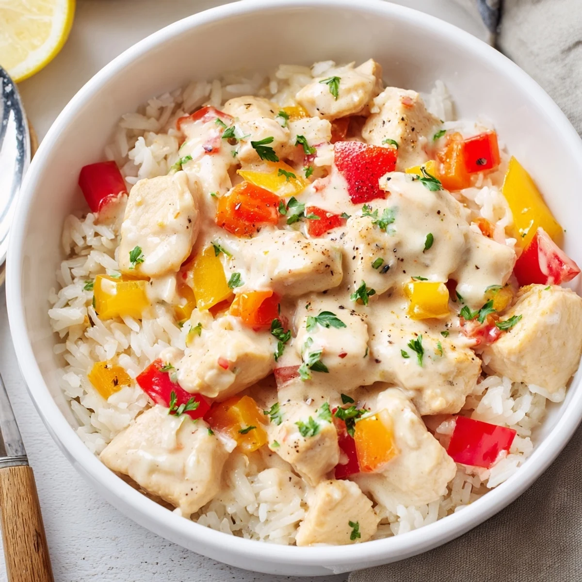 Warm Creamy Cajun Chicken Rice Bowls served with lemon wedges and parsley