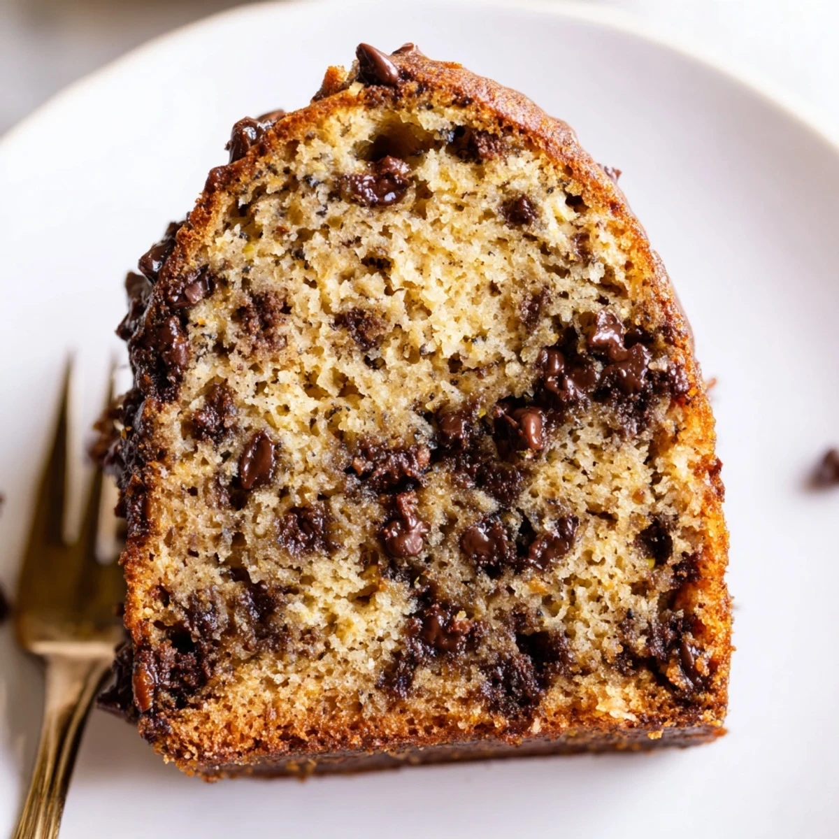 Banana Chocolate Chip Cake Recipe in the pan, golden top with melted chips  