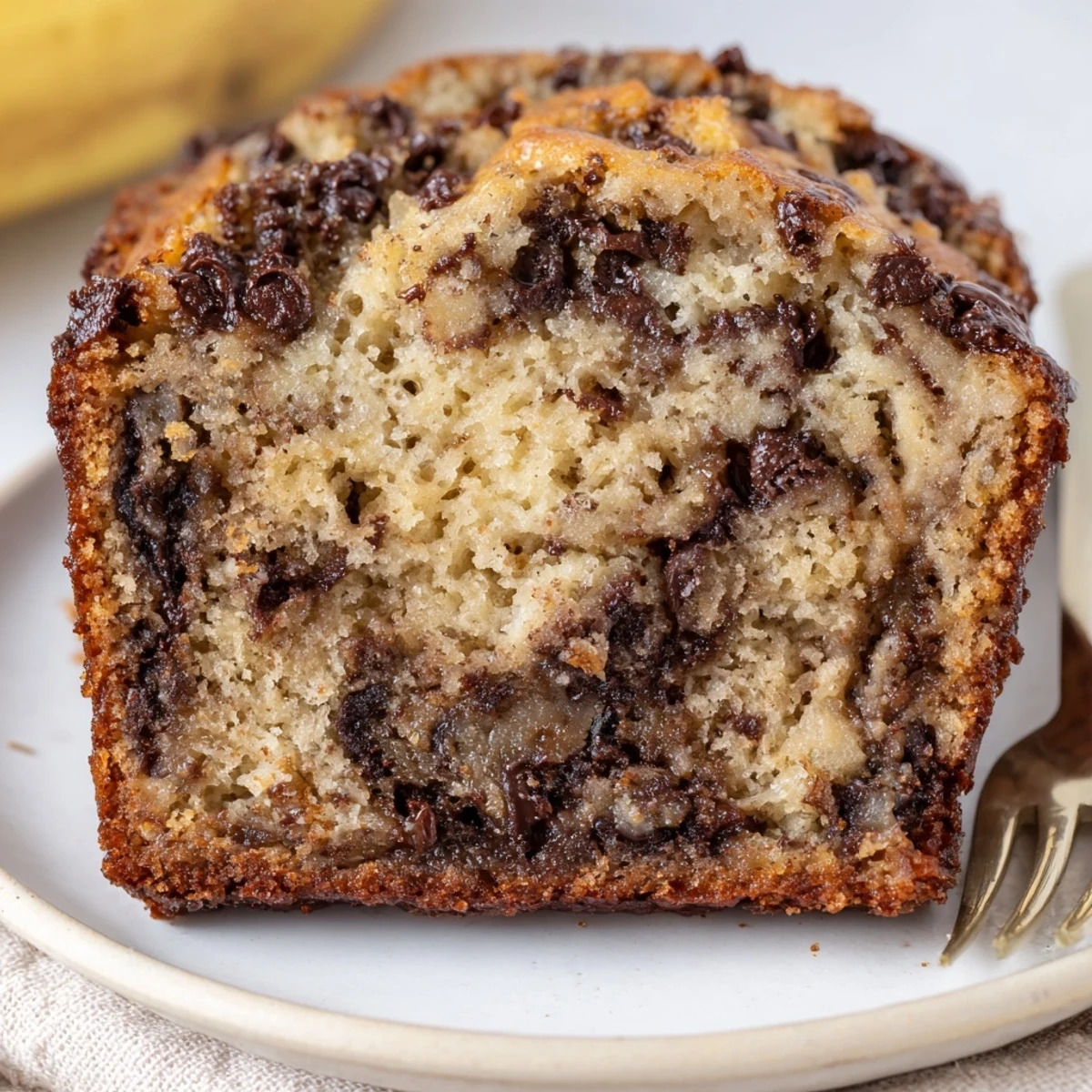 Warm Banana Chocolate Chip Cake Recipe slice, tender crumb and gooey chips  
