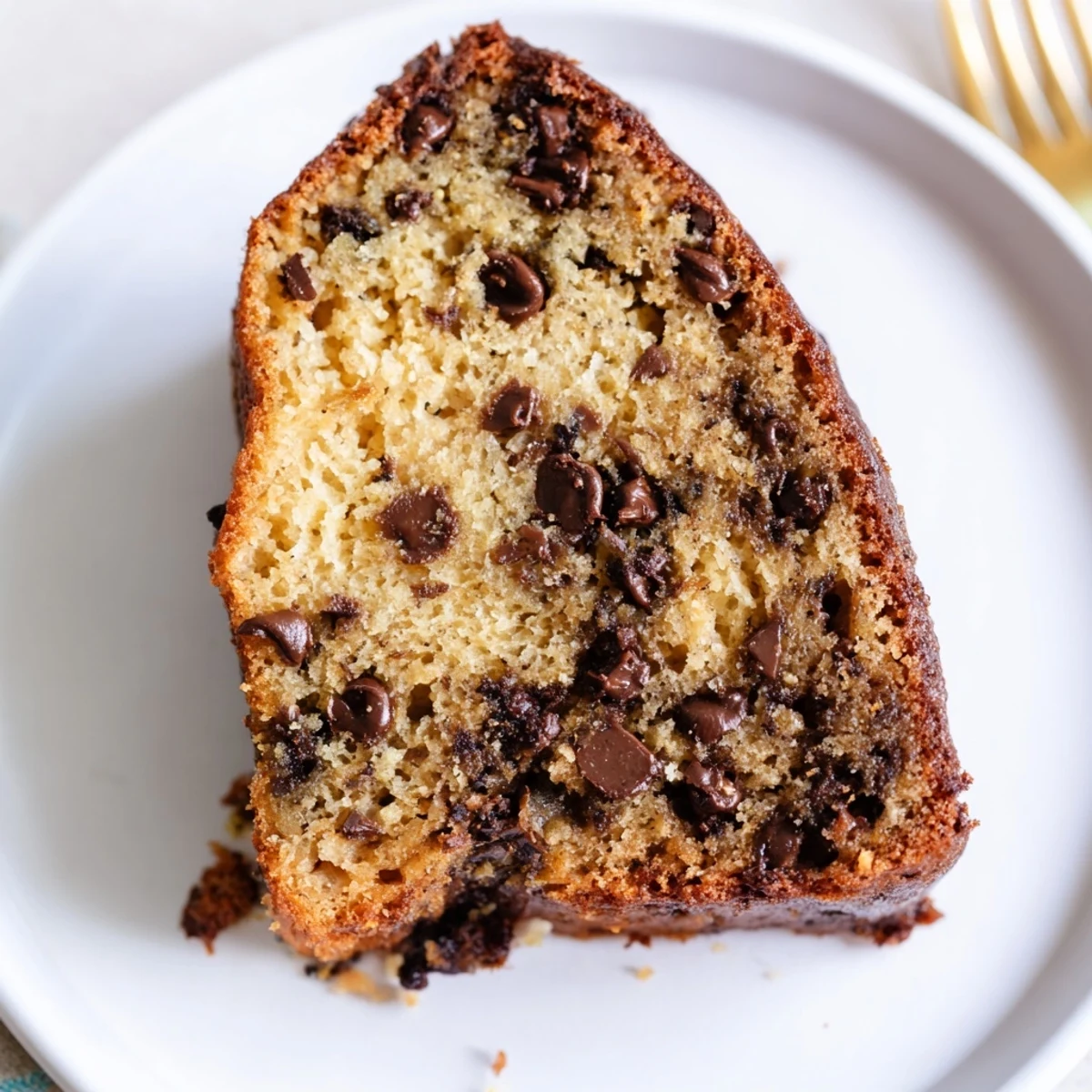 Freshly baked Banana Chocolate Chip Cake Recipe on rack, served with ice cream