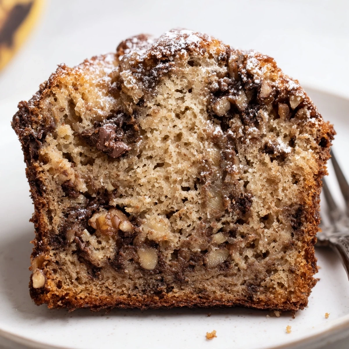 Warm Banana Bread Cake Recipe with golden crust, moist banana-speckled crumb