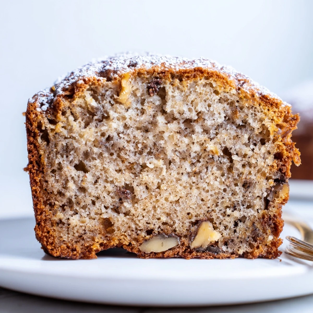 Slice of Banana Bread Cake Recipe served warm with melting vanilla ice cream
