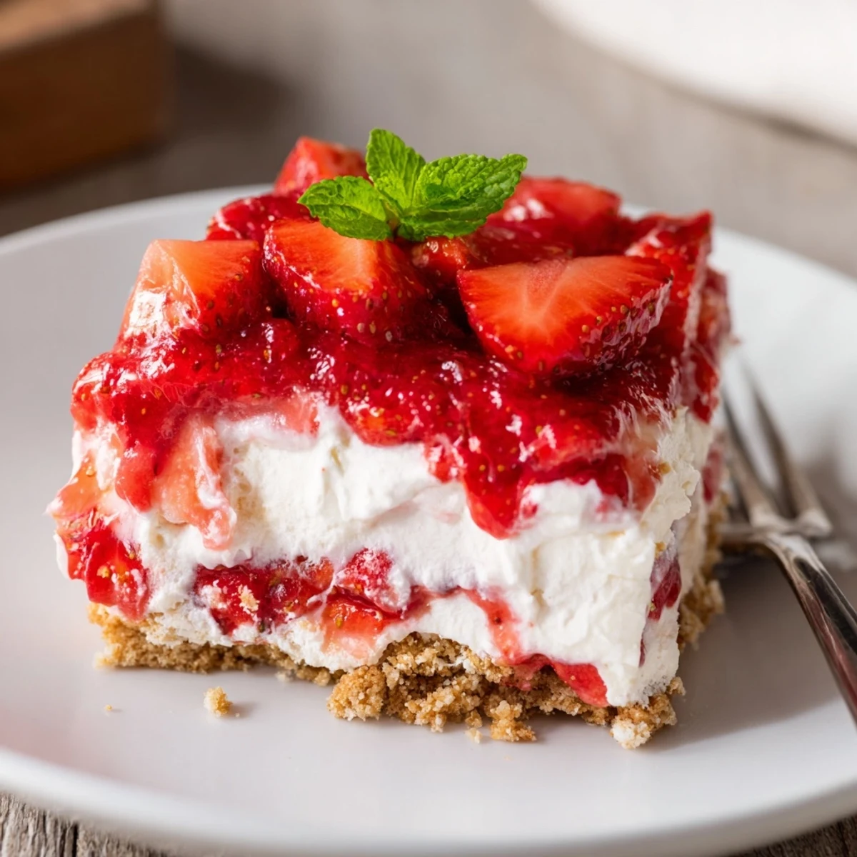 Light No Bake Strawberry Shortcake Dessert layered with whipped cream and macerated strawberries