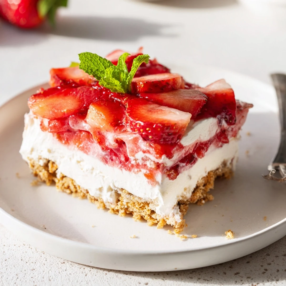 A slice of No Bake Strawberry Shortcake Dessert with graham cracker crumble served chilled