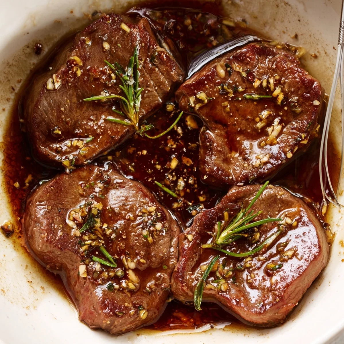 Steak Marinade glistening over raw steaks, garlic and rosemary aromas ready for grilling