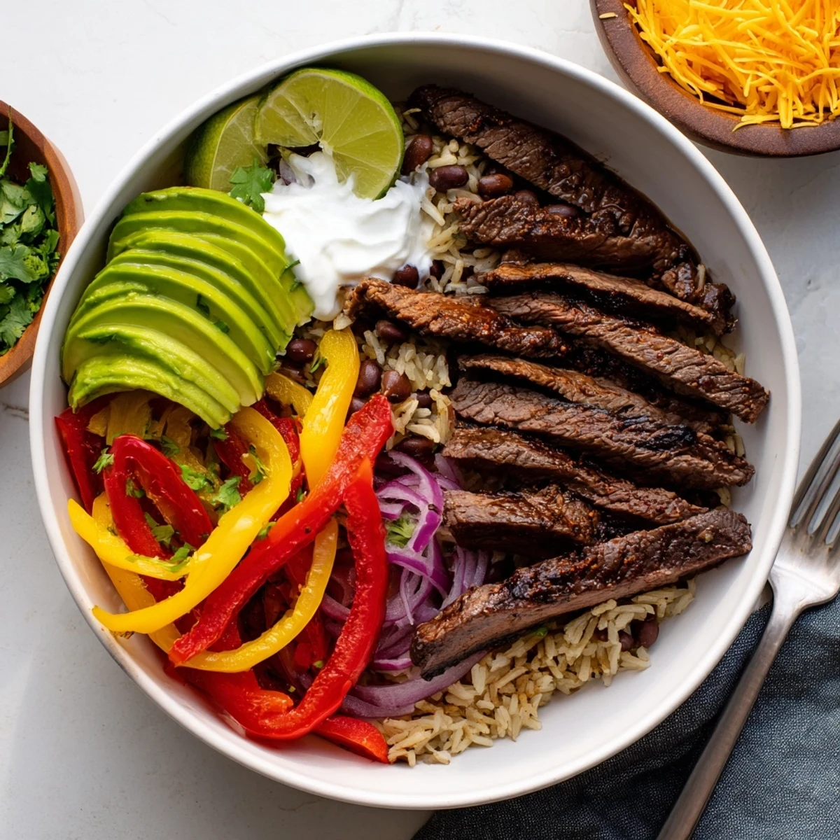 Steak Fajita Power Bowls with sizzling steak, charred peppers, creamy avocado slices