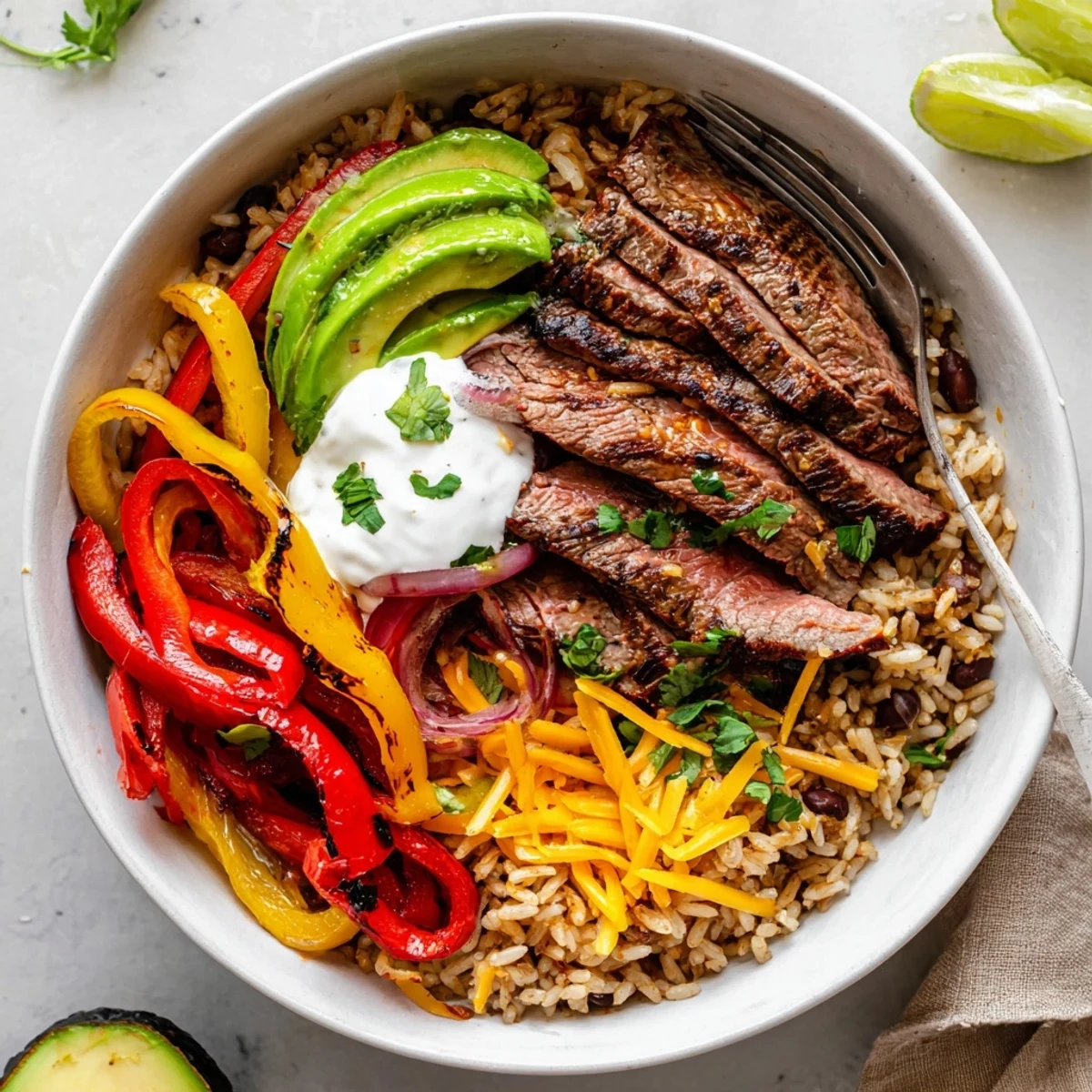 Hearty Steak Fajita Power Bowls topped with cilantro, cheddar, and lime wedges