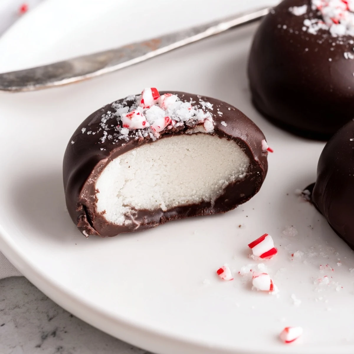 Homemade Peppermint Patties chilled on a baking sheet, speckled candy garnish