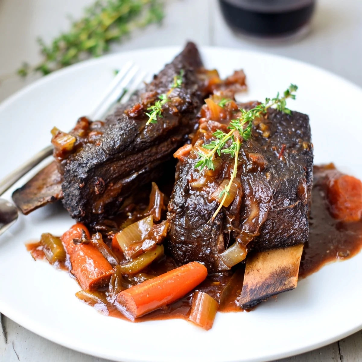 Steaming Slow Cooker Beef Short Ribs glistening in rich red wine sauce  