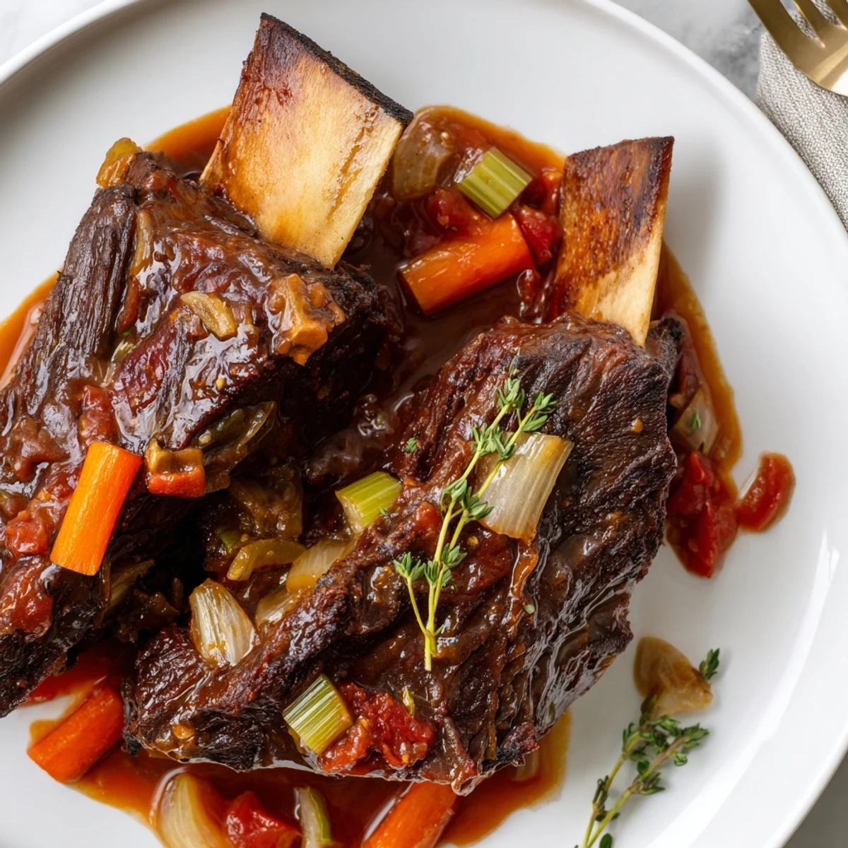 A bowl of Slow Cooker Beef Short Ribs with carrots, herbs, crusty bread